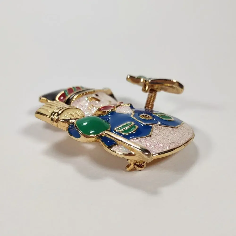 Vintage 90's Enamel SFJ Signed Waving Snowman Brooch